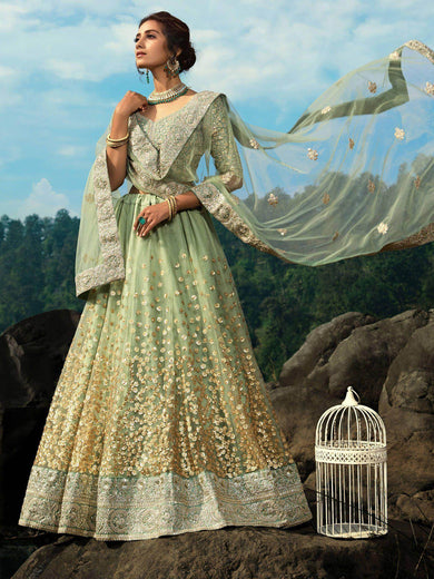 Green Zari Worked Soft Net Wedding Wear Lehenga Choli